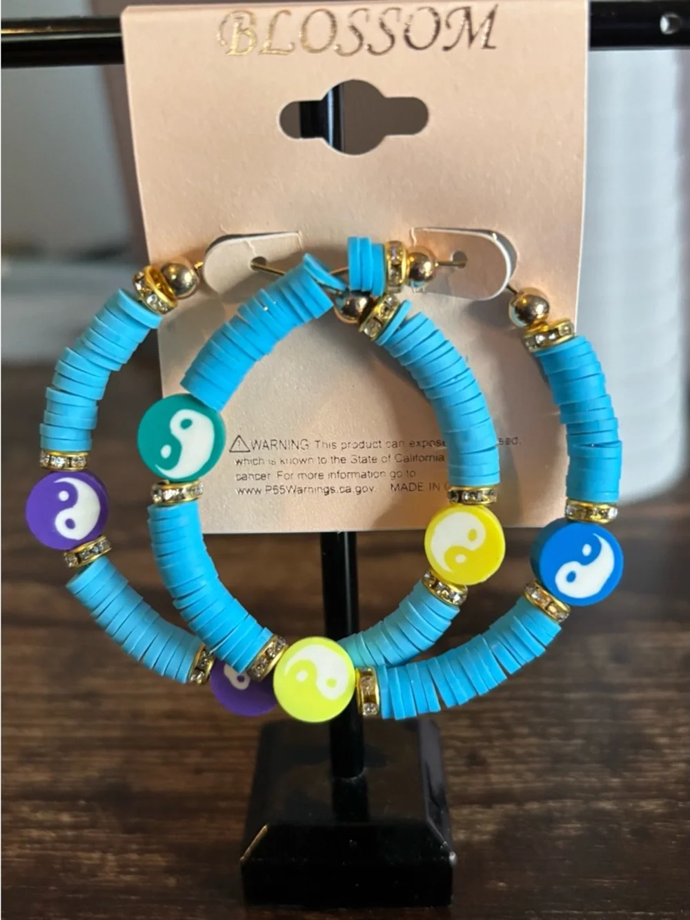 Turquoise‎ Heishi Bead Boho Hoop Earrings with Multicolor Yin Yang Charms